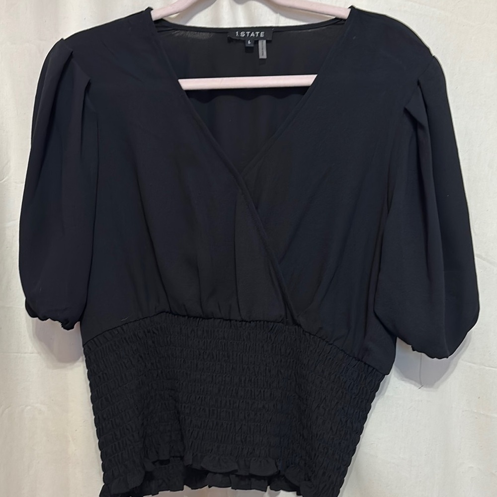 1. State Black Puff Sleeve Wrap Blouse